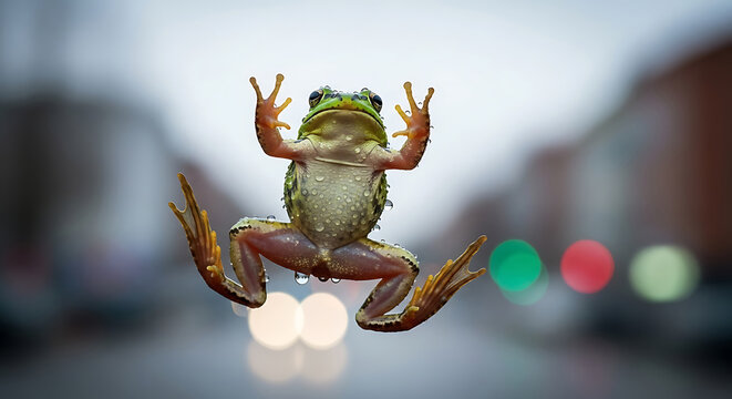 Green frog with water droplets clinging to glass with blurred city lights background amphibian