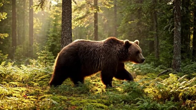 Observing a majestic grizzly bear in its pristine wilderness habitat, showcasing its natural foraging and movement patterns in a serene forest. Wildlife documentary style, capturing authentic?