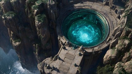 Ancient mystical energy vortex within a stone temple overlooking dramatic coastal cliffs, fantasy concept art
