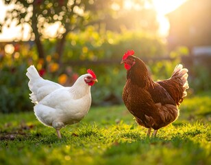 Fototapeta premium Two chickens, white and brown, stand in a sunny garden, looking at the camera