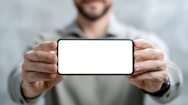 Man presenting blank smartphone screen mockup, digital device display, mobile technology, communication concept.