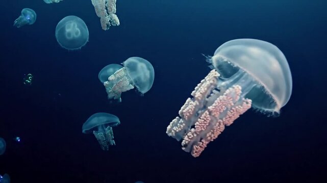 Bioluminescent glow of cnidarians, showcasing their natural light production against a dark aquatic backdrop, creating a magical atmosphere. Close up on individual jellyfish with visible internal?