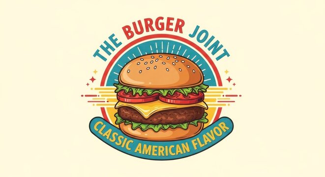 A colorful illustration of a hamburger with a bun, cheese, tomato, and lettuce, set against a yellow and red background with stars and a rainbow.