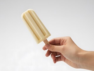 Hand holding a pale yellow popsicle on a white background