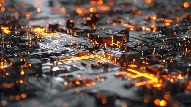 Abstract futuristic cityscape with glowing orange circuits, representing data flow and digital networks.