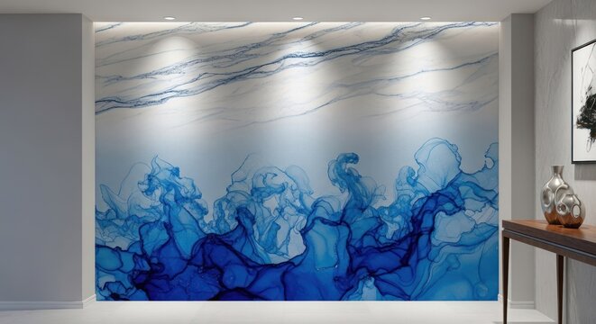 A blue and white abstract painting with flowing lines and swirls.