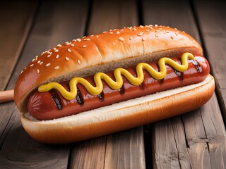 Hot dog with mustard on sesame seed bun sausage yellow