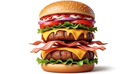 A large, juicy burger with multiple layers of toppings, including lettuce, tomato, cheese, and bacon, on a sesame seed bun.