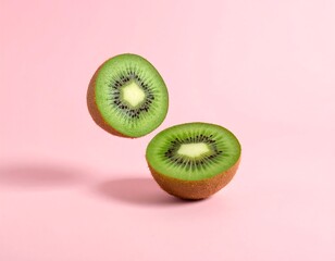 Two kiwi halves hovering over a pink background
