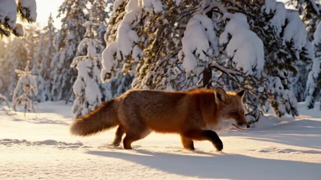 A solitary red fox navigating a pristine, snow covered forest, showcasing its natural agility and grace amidst the winter landscape. tracking shot fox, red fox, wildlife, animal, nature, forest,?