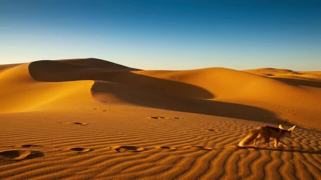 Vast, undulating golden sand dunes stretching to the horizon under a clear, azure sky, highlighting the immense scale and untouched beauty of the arid landscape.
