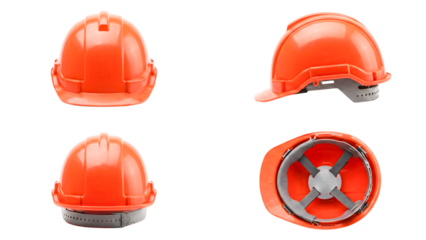 Orange construction hard hat shown in multiple angles including front, side, top, and interior view