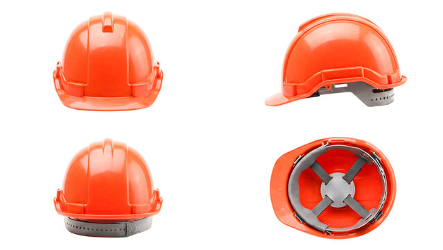 Orange construction hard hat shown in multiple angles including front, side, top, and interior view