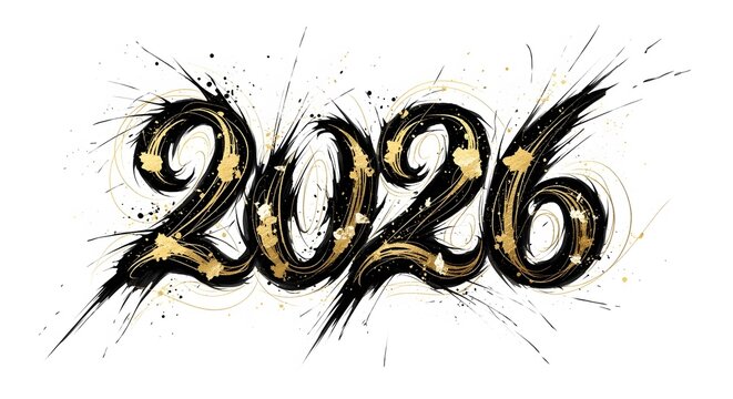 Dynamic golden 2026 new year design with brushstroke effect on white