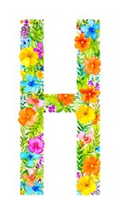 Watercolor floral letter "H", colorful flowers and leaves, white background