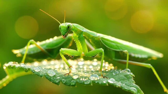 The intricate, alien like morphology of a praying mantis, showcasing its segmented body, powerful forelegs, and compound eyes. Emphasizing the detailed, almost otherworldly structure of the insect,?