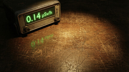 Meter showing 0.14 µSv/h on weathered wood, ideal for vintage decor or educational displays.