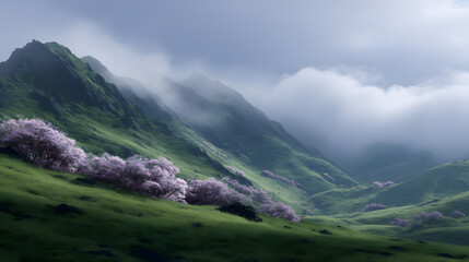 Fototapeta premium Mountain Range: A breathtaking panorama unfolds, showcasing majestic mountains shrouded in ethereal mist, where the valley whispers with the scent of blossoming floral. capturing the raw.