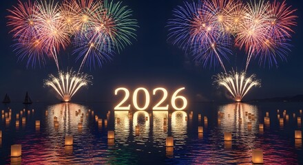 Spectacular fireworks display reflecting on water celebrating the year 2026