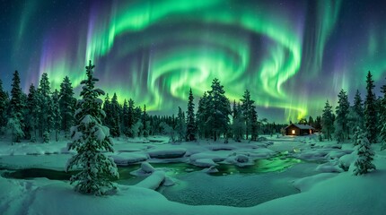 Majestic Aurora Borealis Display Over a Wintery Landscape with Evergreen Trees and Snow