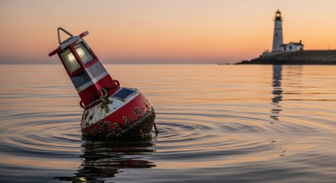 A red and white buoy floating in calm waters with a lighthouse in the background at sunset. - Powered by Adobe