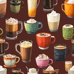 Seamless pattern of various coffee drinks in colorful cups on brown background
