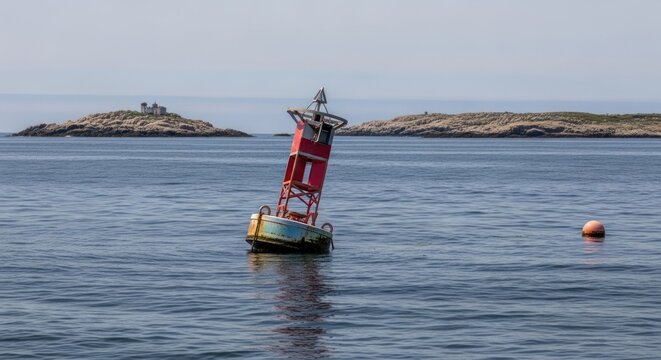 A red and yellow buoy floating in the ocean with a small island in the background.