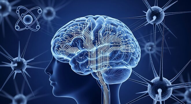 Futuristic AI brain circuit design for machine learning, artificial intelligence, and cognitive science applications in a stunning blue color scheme