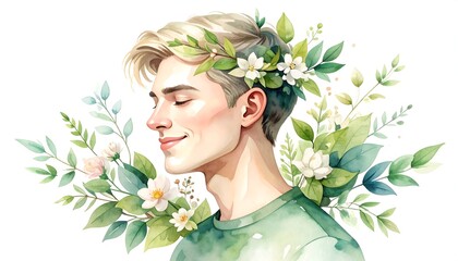 Watercolor portrait of smiling person adorned with floral elements