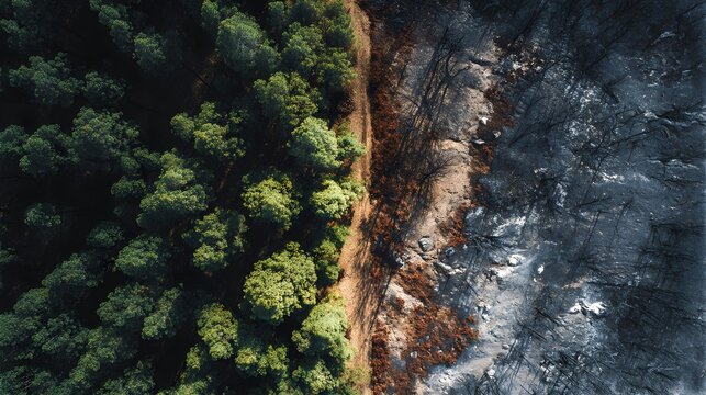 Aerial view of forest fire devastation, contrasting lush green growth with charred landscape. - Powered by Adobe