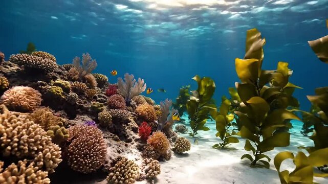 Dynamic interplay of sunlight piercing through ocean surface, creating mesmerizing light rays and caustic patterns on the pristine sandy seabed. Wide angle, slow motion shot capturing the ethereal?