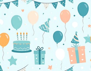 Whimsical birthday celebration pattern with balloons, cake, and gifts