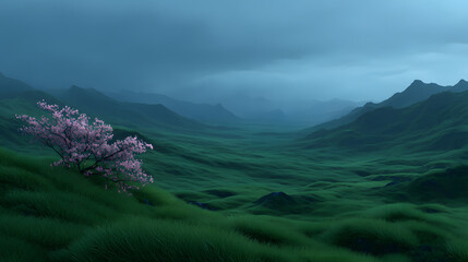 Harmony Valley: A lone cherry blossom tree stands gracefully amidst the verdant, rolling hills of a serene valley, under an overcast sky, evoking a sense of tranquility and the beauty of nature.