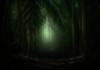 Obraz premium Ethereal Forest Path through Misty Jungle with Hanging Vines and Lush Foliage Inspiring Tranquility and Serenity in the Deep Tropical Rainforest