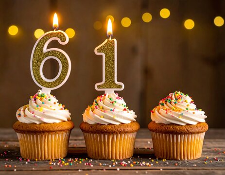 Three frosted cupcakes with sprinkles and candles, one lit showing the number sixty-one
