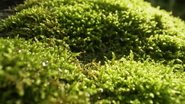 Explore the intricate, vibrant micro world of a lush moss carpet, revealing its delicate structures and rich, varied textures under natural light. macro perspective