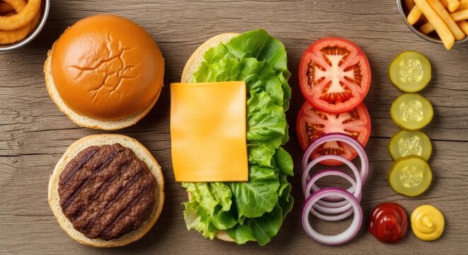 A burger with various ingredients on a wooden table.