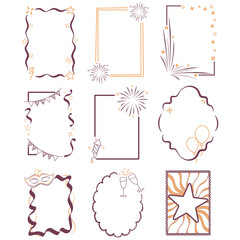 Set of New Year Party Elegant Frames, hand-drawn borders with Fireworks, Confetti, Balloon, Glass, and Star Ornament.
