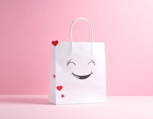 White paper gift bag with happy face and red heart decorations