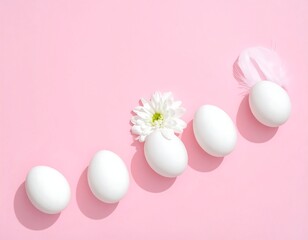 White eggs with floral and feather accents on a vibrant pink backdrop