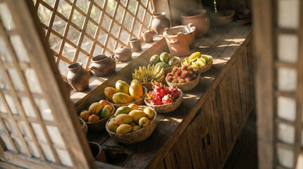A rustic wooden table displays a vibrant arrangement of fresh fruits in baskets, perfect for culinary inspiration or seasonal decor.