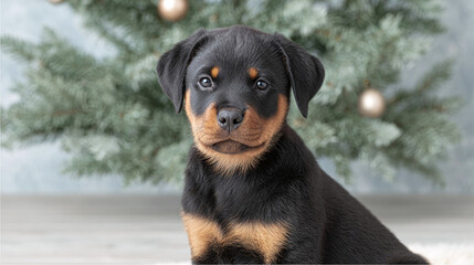 Obraz premium Cheerful Rottweiler Puppy Sitting Elegantly in Front of a Christmas Tree: Capturing the Joy of Pets During the Holiday Season