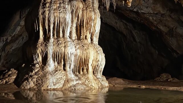 Capturing the geological artistry of ancient stalagmites, showcasing their intricate, layered formations over millennia in a silent subterranean world.