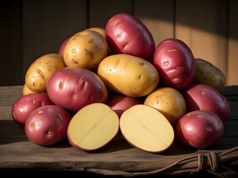 Red and yellow potatoes piled on rustic wooden surface