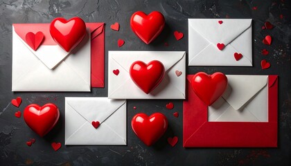 Envelopes and hearts rest on black—ritual of affection and secrecy, where red gloss and scattered confetti choreograph the emotional architecture of longing, intimacy, and symbolic exchange.