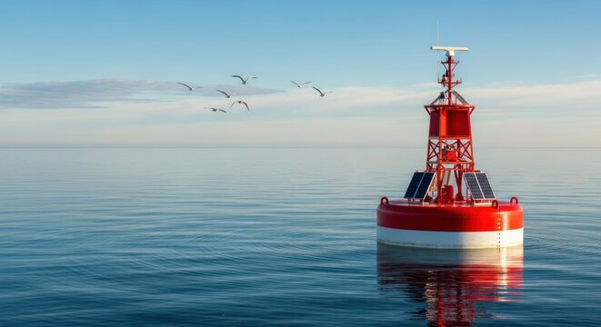 A red buoy floating in the ocean with seagulls flying around.