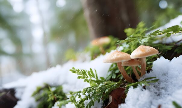 the forest with mushrooms, mods, snow, winter