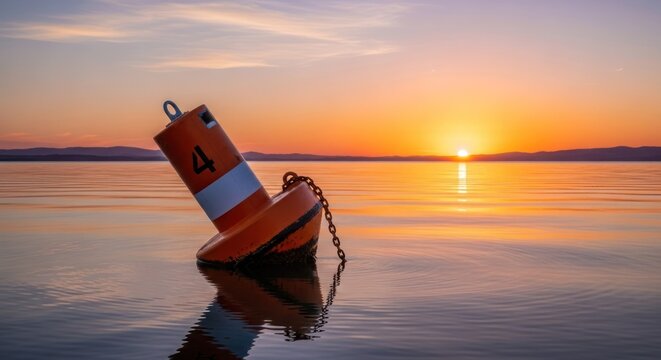 A buoy floating in calm waters at sunset, with a mountain range in the background.