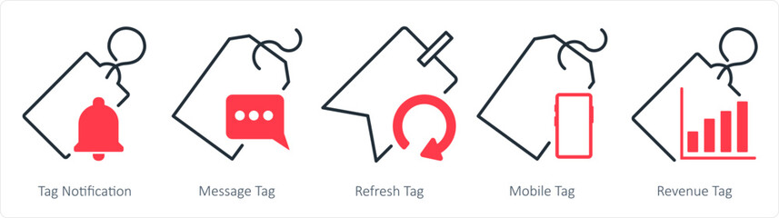 A set of 5 business icons as tag notification, message tag, refresh tag