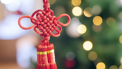 Hang a vibrant Chinese knot for good luck this Lunar New Year, symbol of prosperity and unity with soft bokeh lights background, bringing festive cheer